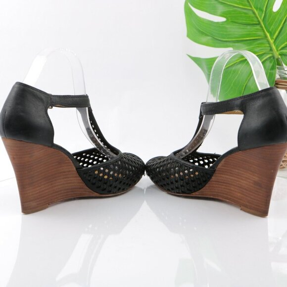 Frye Womens Gwen Sandal Size 9.5 Black Leather Woven T-Strap Wedge Heel Peep Toe - Picture 8 of 12